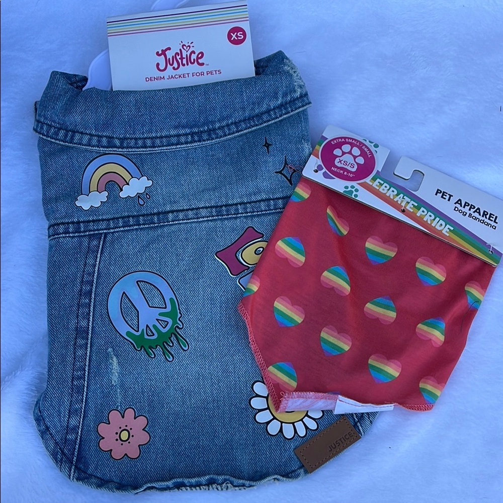 Justice Denim Pet Jacket and Rainbow Bandana